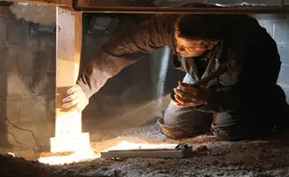A professional inspecting wooden beams under the floor of a structure in Des Moines, IA